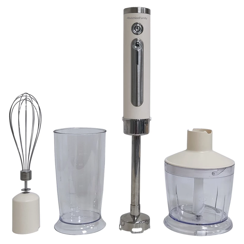 Set completo di sbattitore, tritatutto, frullatore a immersione e bicchiere graduato. Elegante e comodo per la preparazione di ogni tuo piatto.
